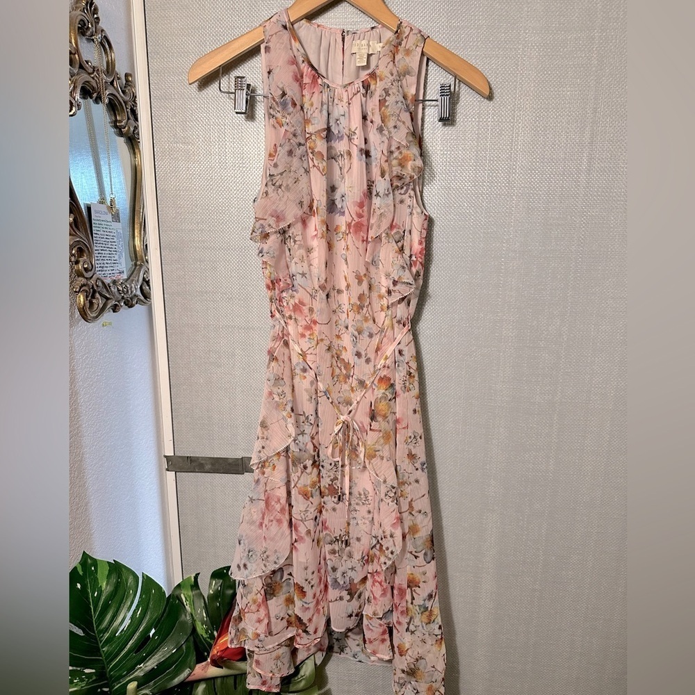 Ted Baker delicate Floral lined Dress shift ruffle tie sleeveless Size 2 / Small